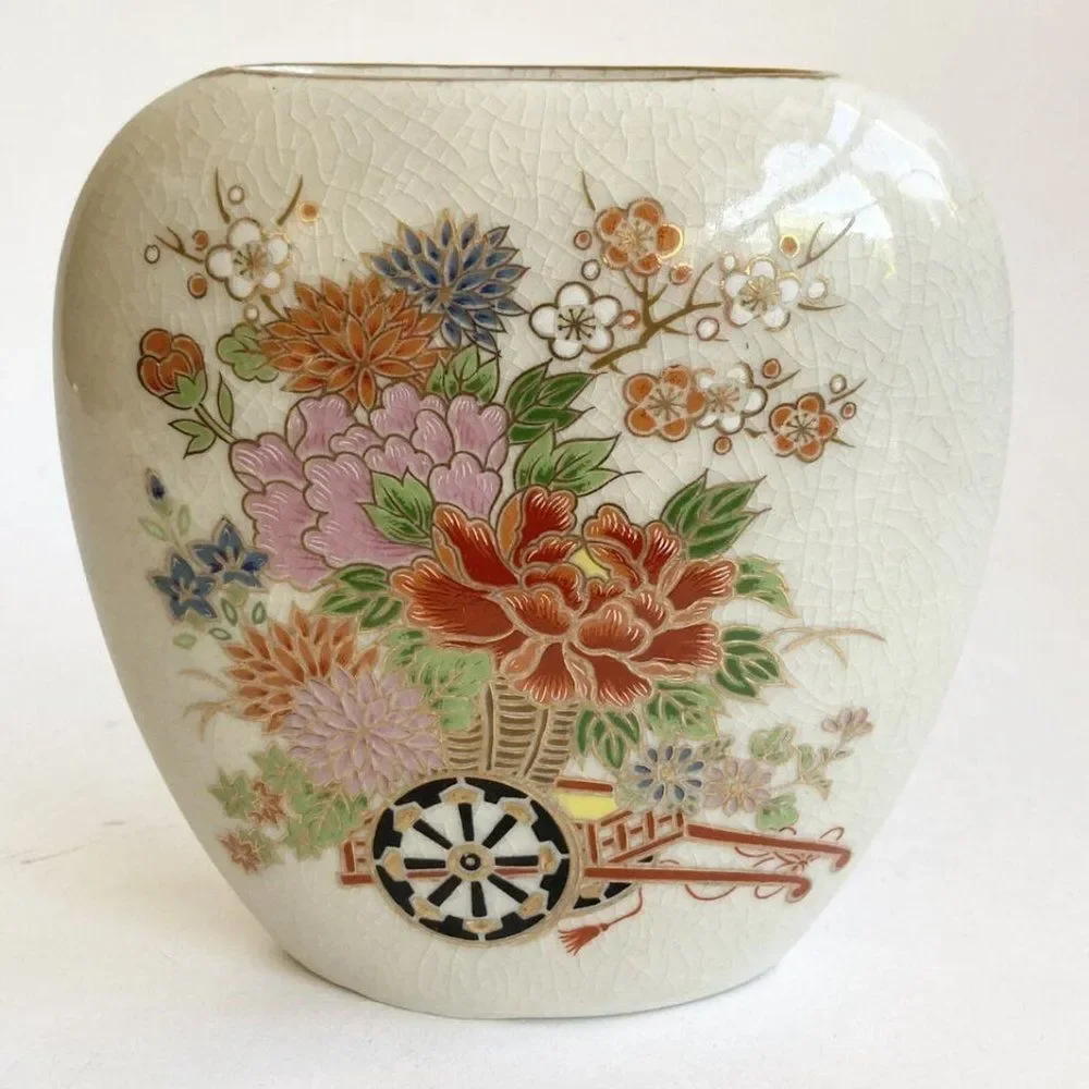 Vintage Asian Japanese Vase Porcelain Flower Cart Cream Pink Small Made in Japan